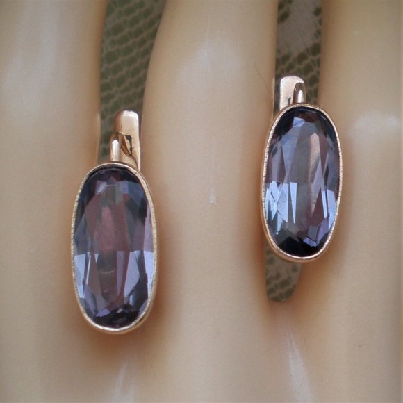 Vintage Russian Russia USSR 14K 583 Rose Pink Gold Alexandrite Dangle EARRINGS - Picture 3 of 8